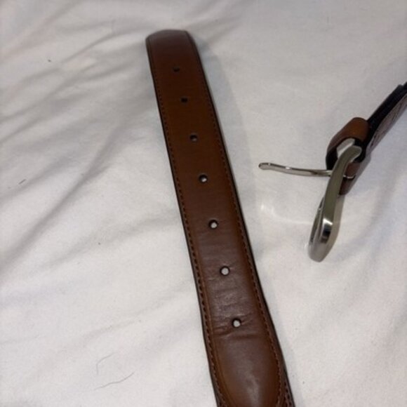 Coated Leather Dress Belt Men’s Sz 40-42” Brown Silver Buckle Inlay Braid - Picture 4 of 5
